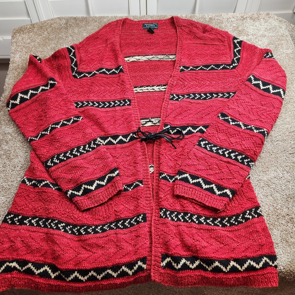 Lauren Ralph Lauren Red Southwest Hand Knit Linen Cotton Cardigan‎ XL Tie Front